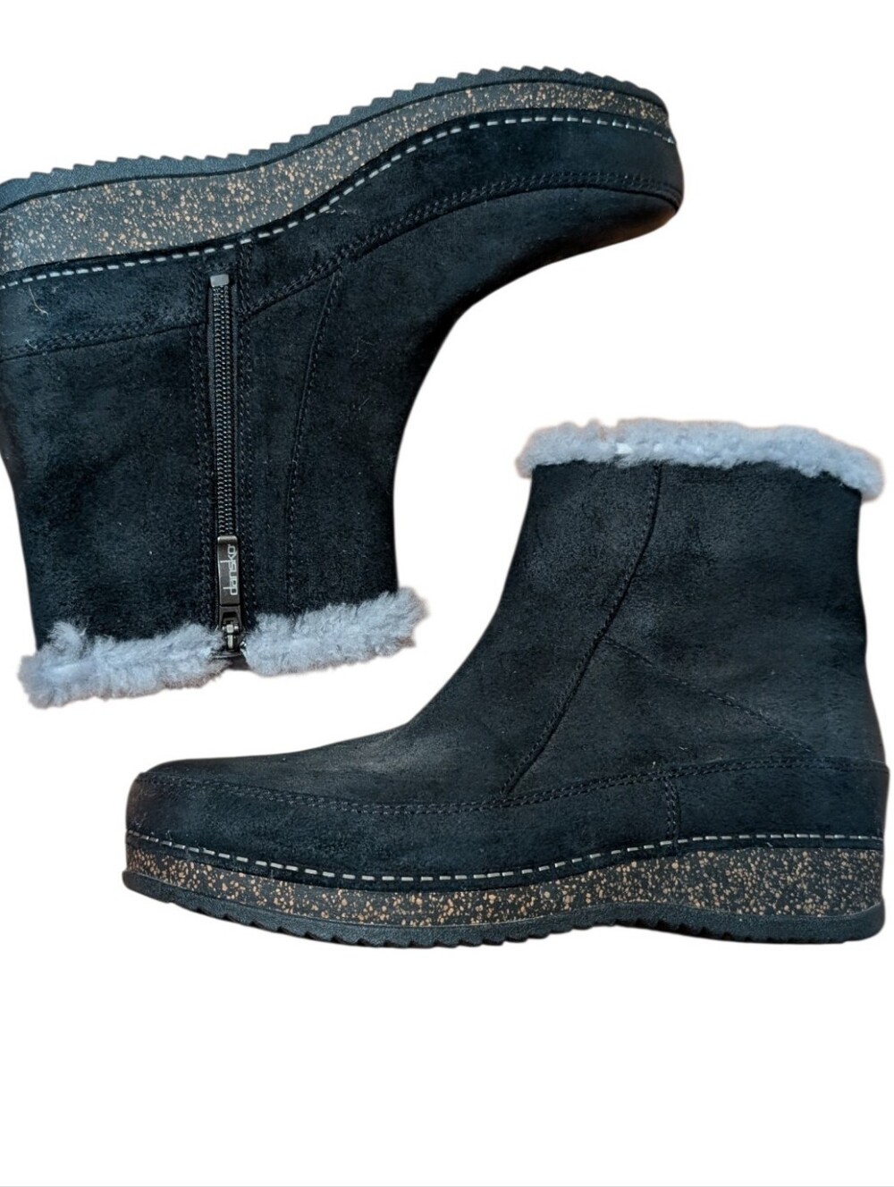 Dansko Mitzy Black Burnished Suede Shearling Trim Ankle Boots Cork Platform 39